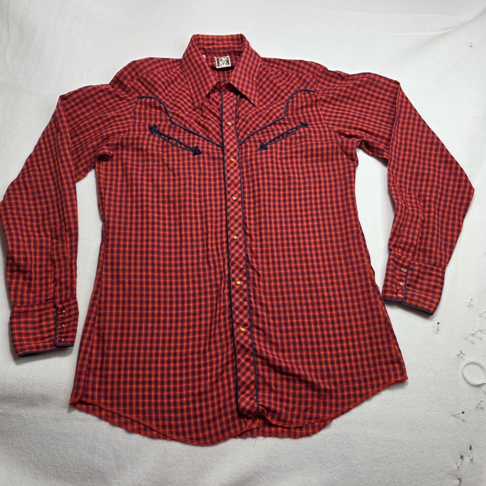 Vintage Karman Mens Western Pearl Snap Shirt Red Blue Plaid Smile Pockets 16x35